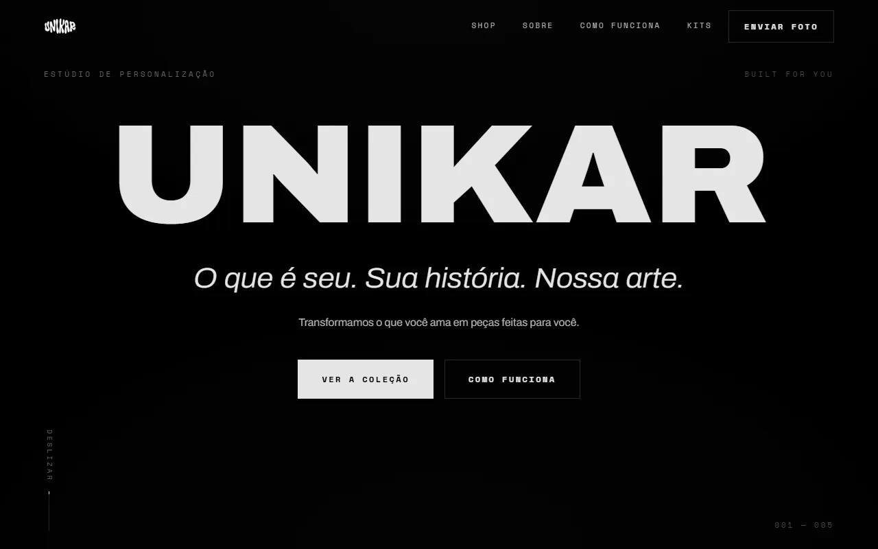 Site da UNIKAR — estúdio de personalização de produtos